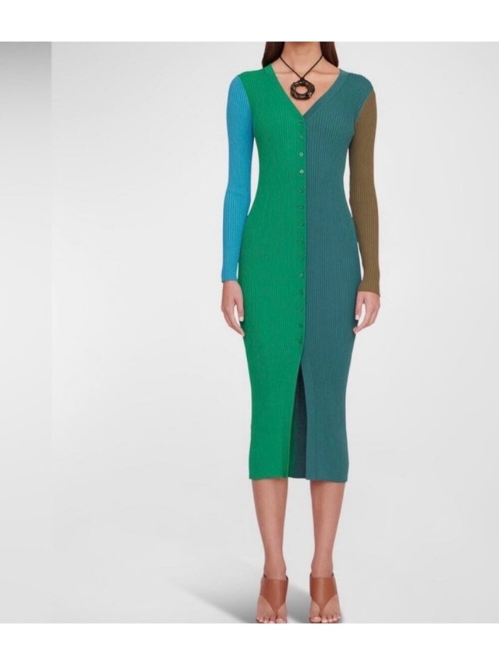 Staud shoko color block ribbed sweater dress in fern multi